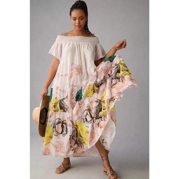 Anthropologie Maeve Pia Binazzi Tiered Off the Shoulder Pink Maxi Dress, Small - Picture 1 of 15